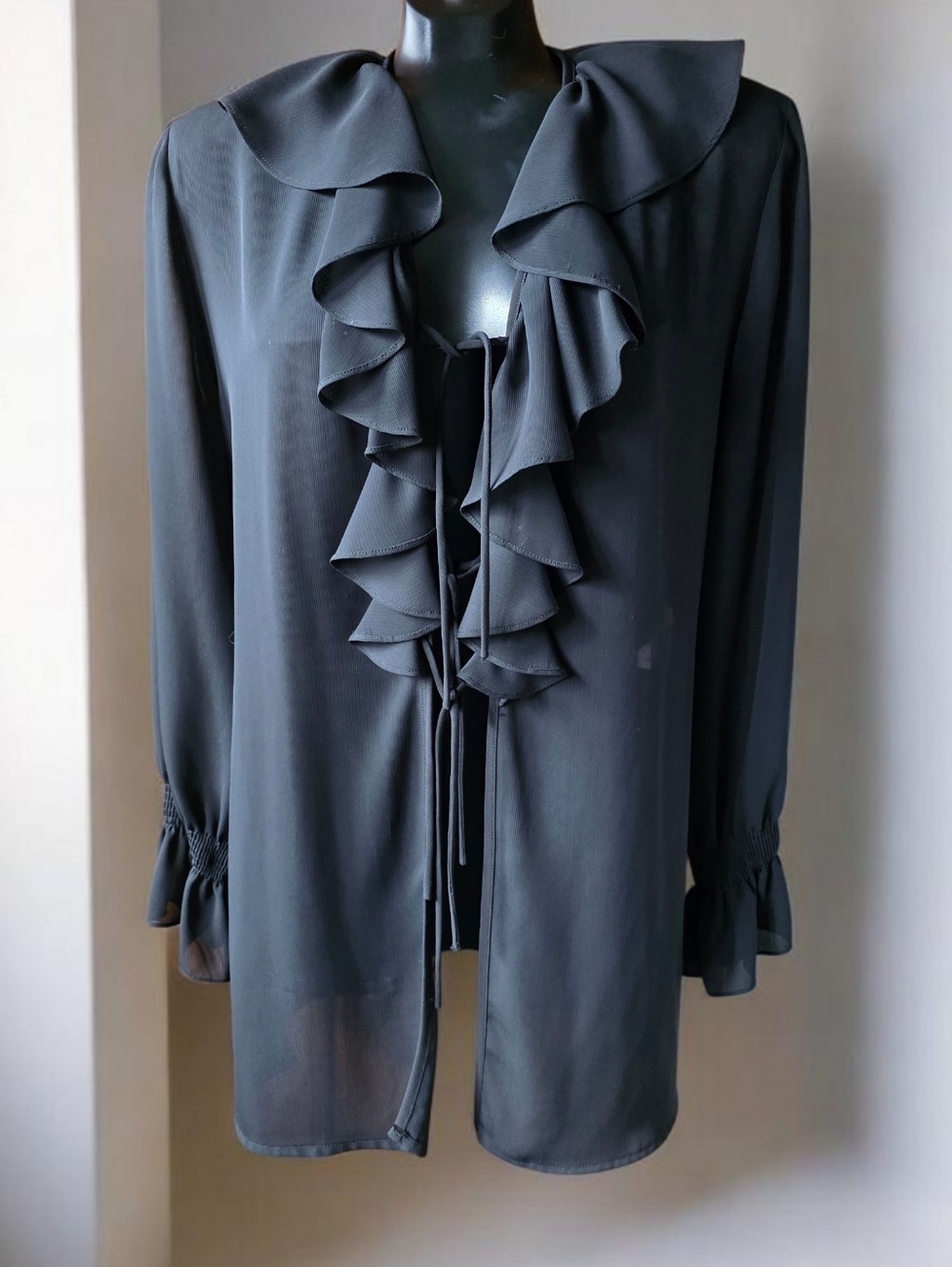 Vtg Y2K Made In Canada Long Semi-sheer Ruffled Tie-Front Black Cardigan